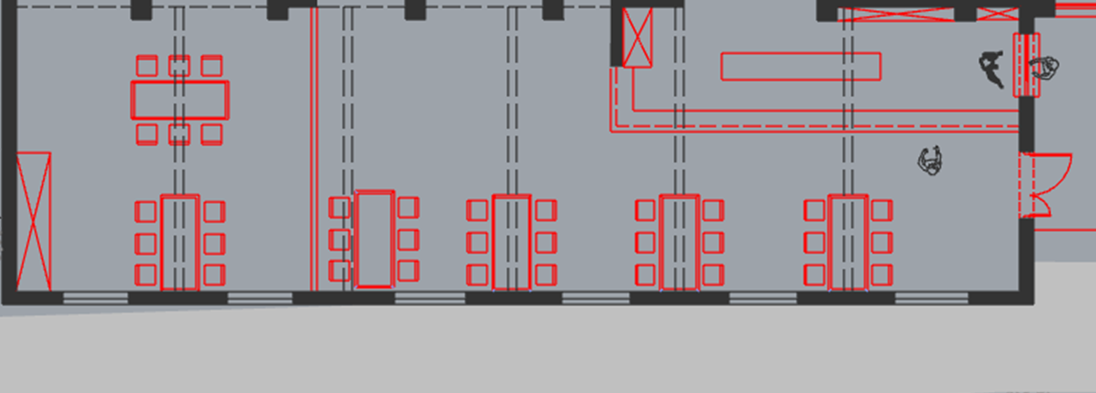 extrait de plan, aile sud — existant en noir, projet en rouge